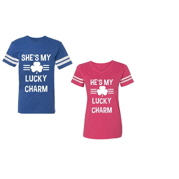 He She is My Lucky Charm Unisex Couple Matching Cotton Jersey style T-Shirt Contrasting stripes on sleeves (Men Royal / Women Pink) (Men M / Women XL)