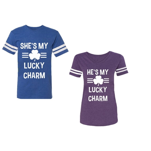 He She is My Lucky Charm Unisex Couple Matching Cotton Jersey style T-Shirt Contrasting stripes on sleeves (Men Royal / Women Purple) (Men L / Women XXL)