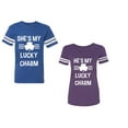 thumbnail image 1 of He She is My Lucky Charm Unisex Couple Matching Cotton Jersey style T-Shirt Contrasting stripes on sleeves (Men Royal / Women Purple) (Men S / Women M), 1 of 3