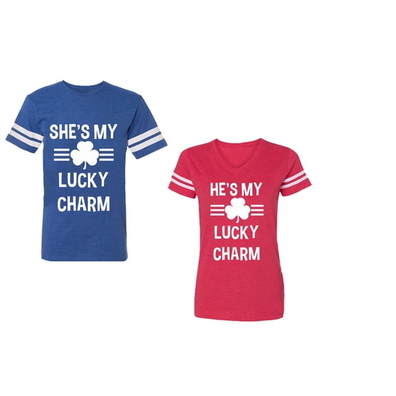 He She is My Lucky Charm Unisex Couple Matching Cotton Jersey style T-Shirt Contrasting stripes on sleeves (Men Royal / Women Red) (Men XL / Women XL)