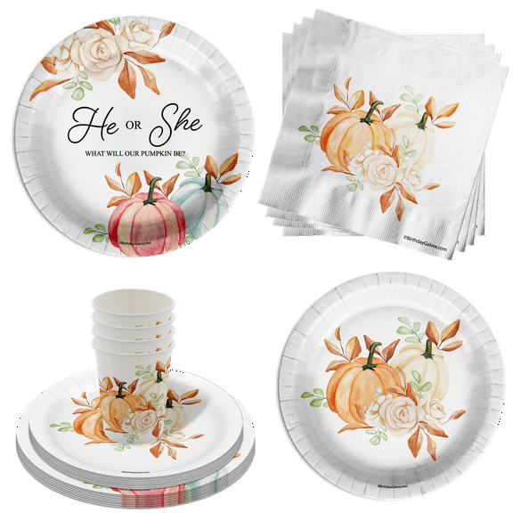 He or She What Will Our Little Pumpkin Be Gender Reveal Party Supplies 64 Piece Tableware Set Includes Large 9" Paper Plates Dessert Plates, Cups and Napkins Kit for 16
