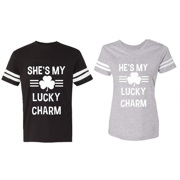 He She is My Lucky Charm Matching Couple Cotton Jerseys (Men Black / Women Heather) (Men XL / Women L)