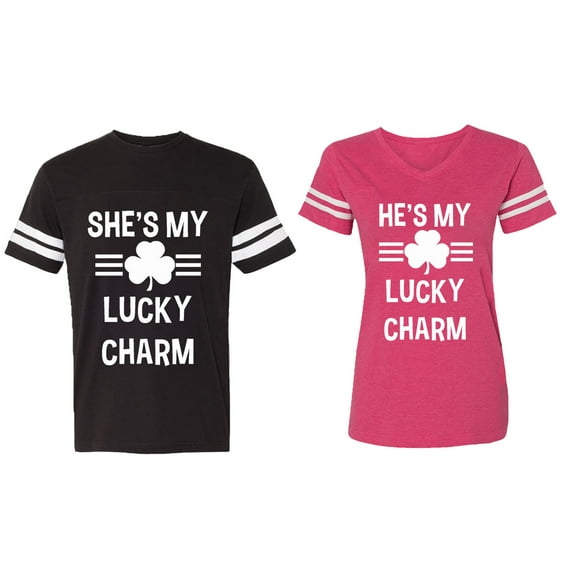 He She is My Lucky Charm Matching Couple Cotton Jerseys (Men Black / Women Pink) (Men XL / Women XXL)