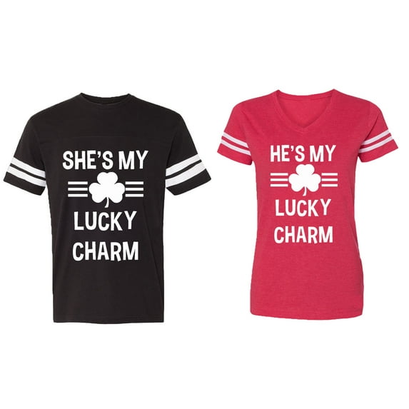 He She is My Lucky Charm Matching Couple Cotton Jerseys (Men Black / Women Red) (Men XXL / Women M)