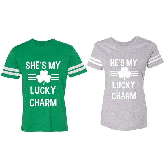 He She is My Lucky Charm Matching Couple Cotton Jerseys (Men Green / Women Heather) (Men L / Women S)