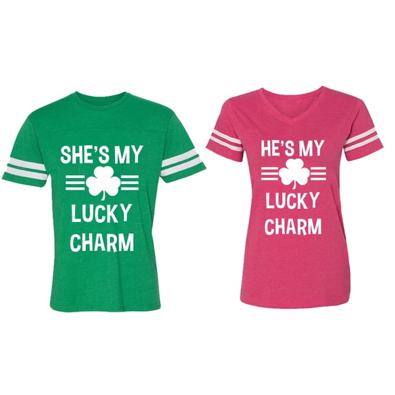He She is My Lucky Charm Matching Couple Cotton Jerseys (Men Green / Women Pink) (Men M / Women XL)