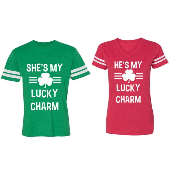 He She is My Lucky Charm Matching Couple Cotton Jerseys (Men Green / Women Red) (Men L / Women M)