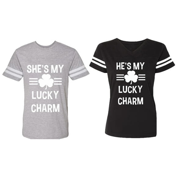 He She is My Lucky Charm Matching Couple Cotton Jerseys (Men Heather / Women Black) (Men S / Women S)