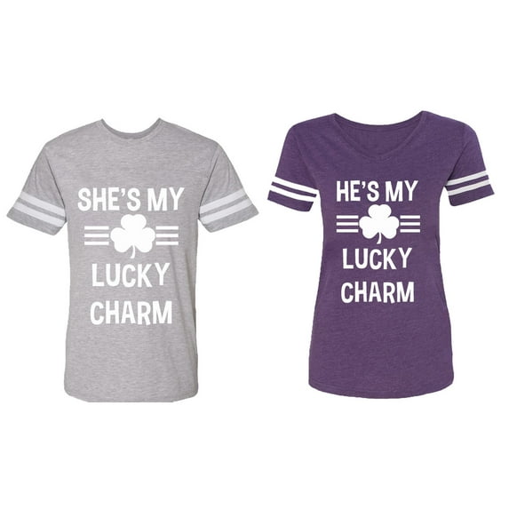He She is My Lucky Charm Matching Couple Cotton Jerseys (Men Heather / Women Purple) (Men M / Women M)