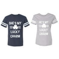 thumbnail image 1 of He She is My Lucky Charm Matching Couple Cotton Jerseys (Men Navy / Women Heather) (Men L / Women M), 1 of 3
