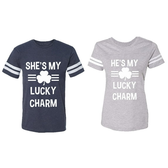 He She is My Lucky Charm Matching Couple Cotton Jerseys (Men Navy / Women Heather) (Men S / Women XL)