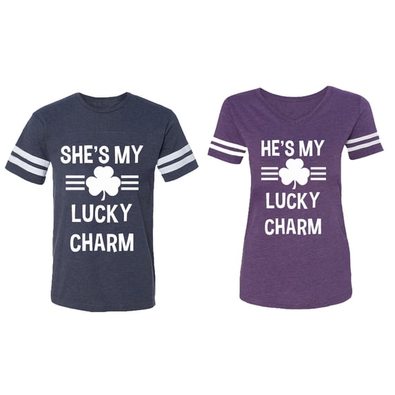 He She is My Lucky Charm Matching Couple Cotton Jerseys (Men Navy / Women Purple) (Men M / Women M)