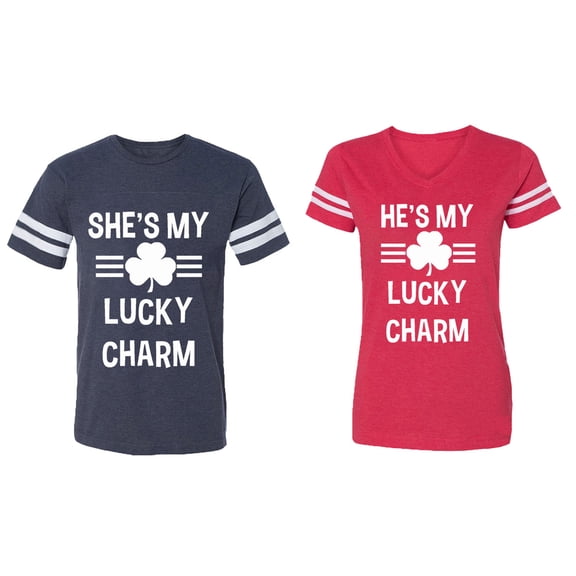He She is My Lucky Charm Matching Couple Cotton Jerseys (Men Navy / Women Red) (Men M / Women XL)