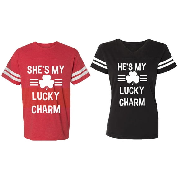 He She is My Lucky Charm Matching Couple Cotton Jerseys (Men Red / Women Black) (Men S / Women M)