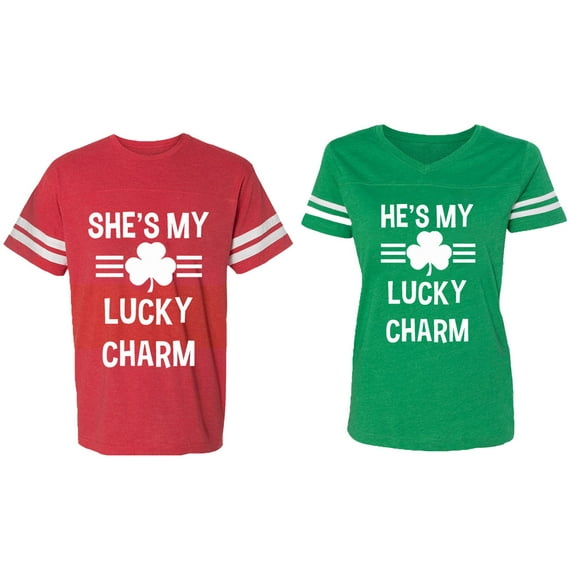 He She is My Lucky Charm Matching Couple Cotton Jerseys (Men Red / Women Green) (Men L / Women L)