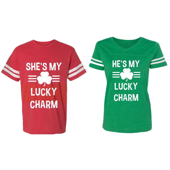 He She is My Lucky Charm Matching Couple Cotton Jerseys (Men Red / Women Green) (Men XXL / Women XL)