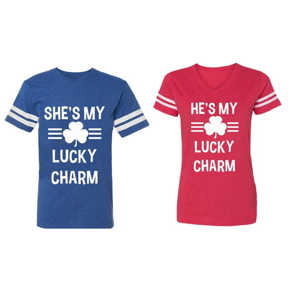 He She is My Lucky Charm Matching Couple Cotton Jerseys (Men Royal / Women Red) (Men XL / Women M)