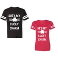 thumbnail image 1 of He She is My Lucky Charm Unisex Couple Matching Cotton Jersey style T-Shirt Contrasting stripes on sleeves (Men Black / Women Red) (Men S / Women L), 1 of 3