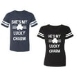 thumbnail image 1 of He She is My Lucky Charm Unisex Couple Matching Cotton Jersey style T-Shirt Contrasting stripes on sleeves (Men Navy / Women Black) (Men S / Women S), 1 of 3