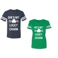 thumbnail image 1 of He She is My Lucky Charm Unisex Couple Matching Cotton Jersey style T-Shirt Contrasting stripes on sleeves (Men Navy / Women Green) (Men M / Women S), 1 of 3