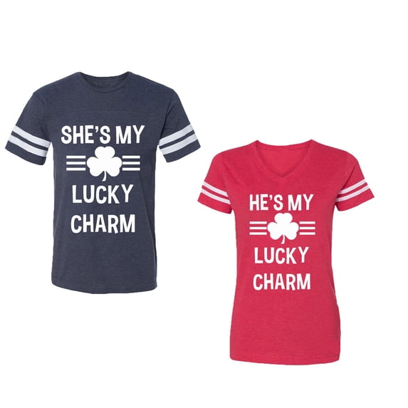He She is My Lucky Charm Unisex Couple Matching Cotton Jersey style T-Shirt Contrasting stripes on sleeves (Men Navy / Women Red) (Men S / Women XXL)