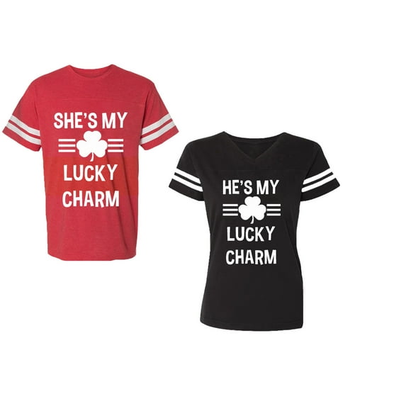He She is My Lucky Charm Unisex Couple Matching Cotton Jersey style T-Shirt Contrasting stripes on sleeves (Men Red / Women Black) (Men M / Women L)