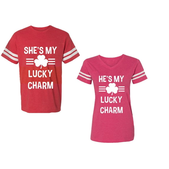 He She is My Lucky Charm Unisex Couple Matching Cotton Jersey style T-Shirt Contrasting stripes on sleeves (Men Red / Women Pink) (Men XL / Women M)