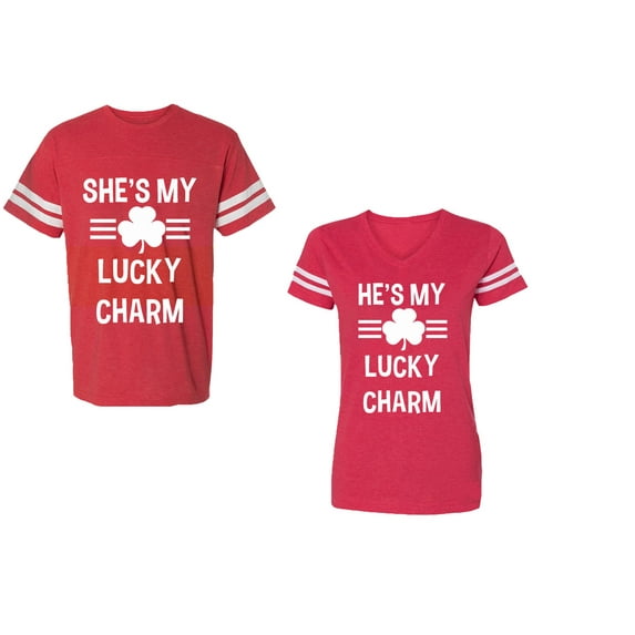 He She is My Lucky Charm Unisex Couple Matching Cotton Jersey style T-Shirt Contrasting stripes on sleeves (Men Red / Women Red) (Men S / Women S)