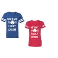thumbnail image 1 of He She is My Lucky Charm Unisex Couple Matching Cotton Jersey style T-Shirt Contrasting stripes on sleeves (Men Royal / Women Red) (Men XL / Women M), 1 of 3