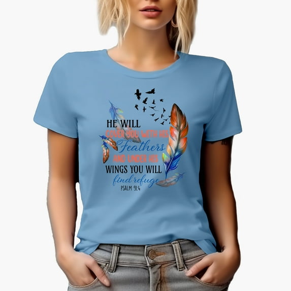 He Will Cover You with His Feathers, Under His Wings Find Refuge Psalm 91 4 Art Merch Gift, Baby Blue T-Shirt, 2XL