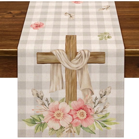 He is Risen Buffalo Check Table Runner 72inches Long Easter Christian Cross Spring Flower Holiday Decoration Floral Home Kitchen Dining Room Decor