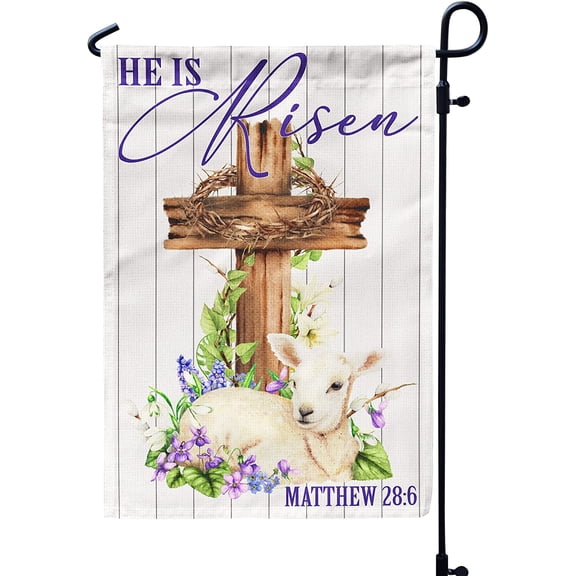 He is Risen Burlap Yard Flag 12x18 Religious Easter Cross Sheep Matthew 28:6 Spring Holiday Outdoor Decor