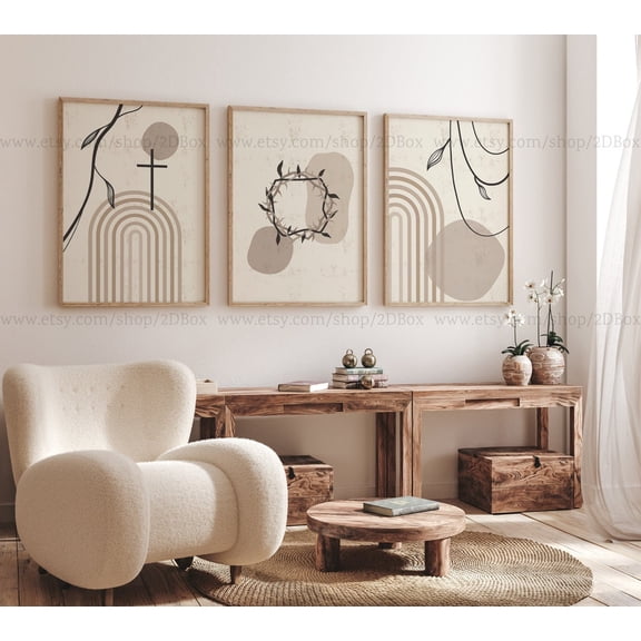 He is Risen Decor Neutral Christian Resurrection Cross Wall Art Set 3 Stretched Canvas 16x24