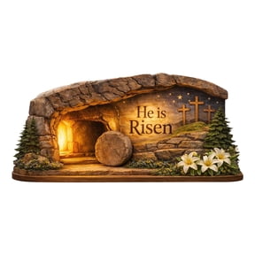 He is Risen Easter Decor, 2D Wooden Empty Tomb Resurrection Scene and Christian Cross Decoration Set for Tray, Jesus Nativity Tray, , Shelf Decor