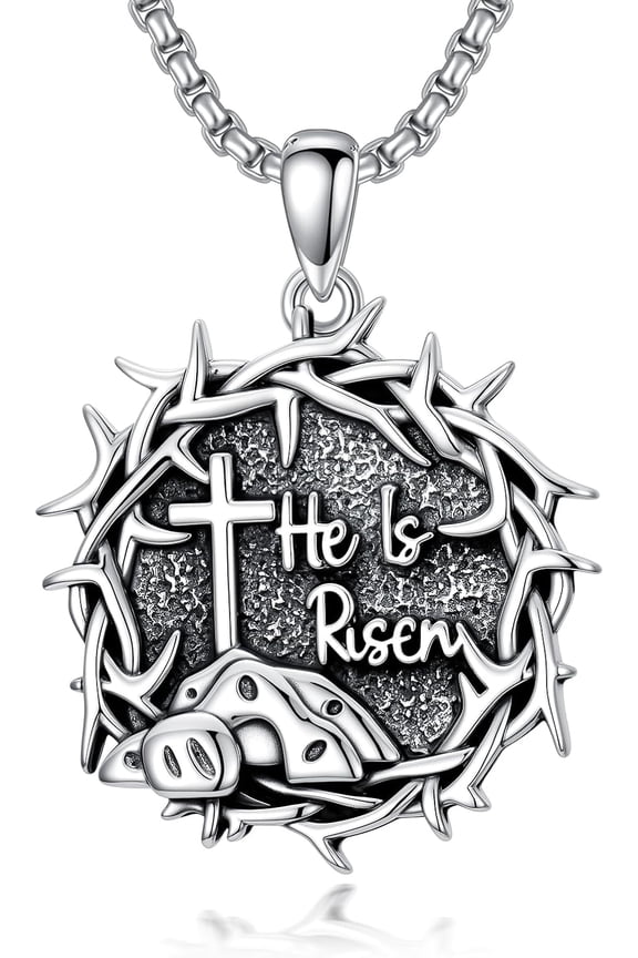 He is Risen Empty Tomb Necklace 925 Sterling Silver Cross Jesus Crown of Thorns Pendant Christian Religious Gifts for Men Women