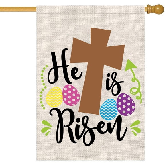 He is Risen House Flag Easter Cross Religious Double Sided Burlap Yard Outdoor Decor Holiday Decorations 28 x 40 Inch