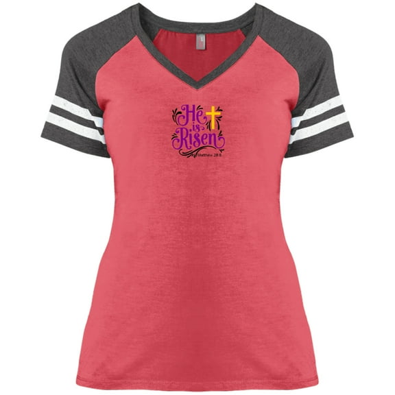 He is Risen Ladies Game V Neck Tee Shirt