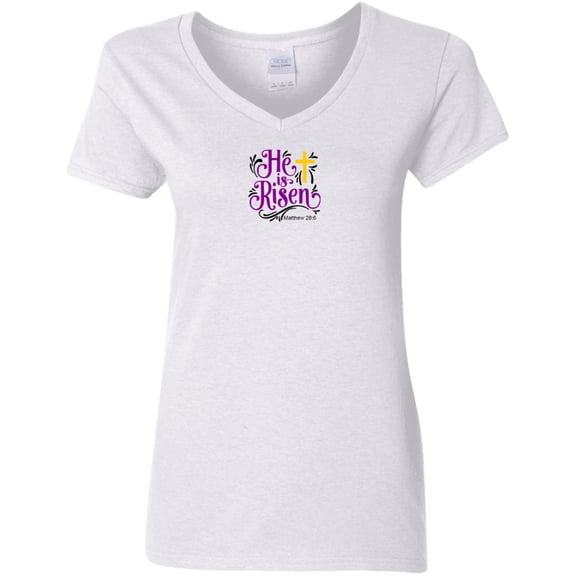He is Risen Ladies V Neck Tee Shirt