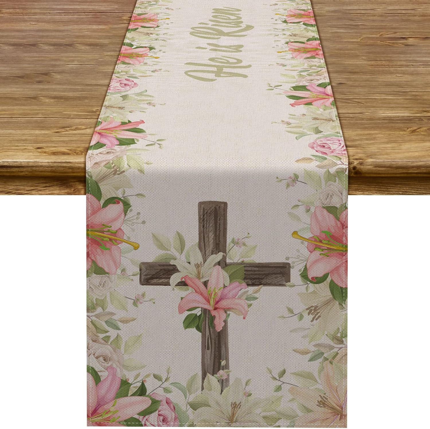 He is Risen Table Runner Easter Christian Cross Lily Flowers ...