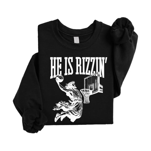 He is Rizzin Sweatshirt for Men Women Teens and Kids Funny Gen Z Jesus Basketball Sweater Black Sweatshirt Adult Medium