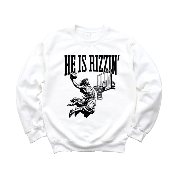 He is Rizzin Sweatshirt for Men Women Teens and Kids Funny Gen Z Jesus Basketball Sweater White Sweatshirt Youth Large
