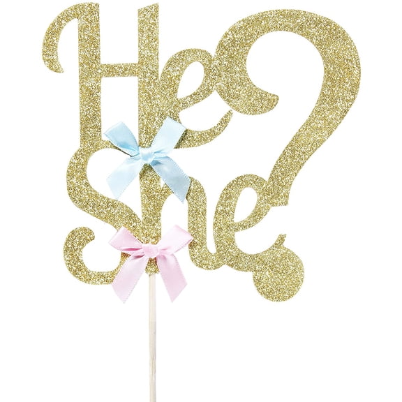 He or She Cake Topper Gold - Gender Reveal Party & Baby Shower Decoration