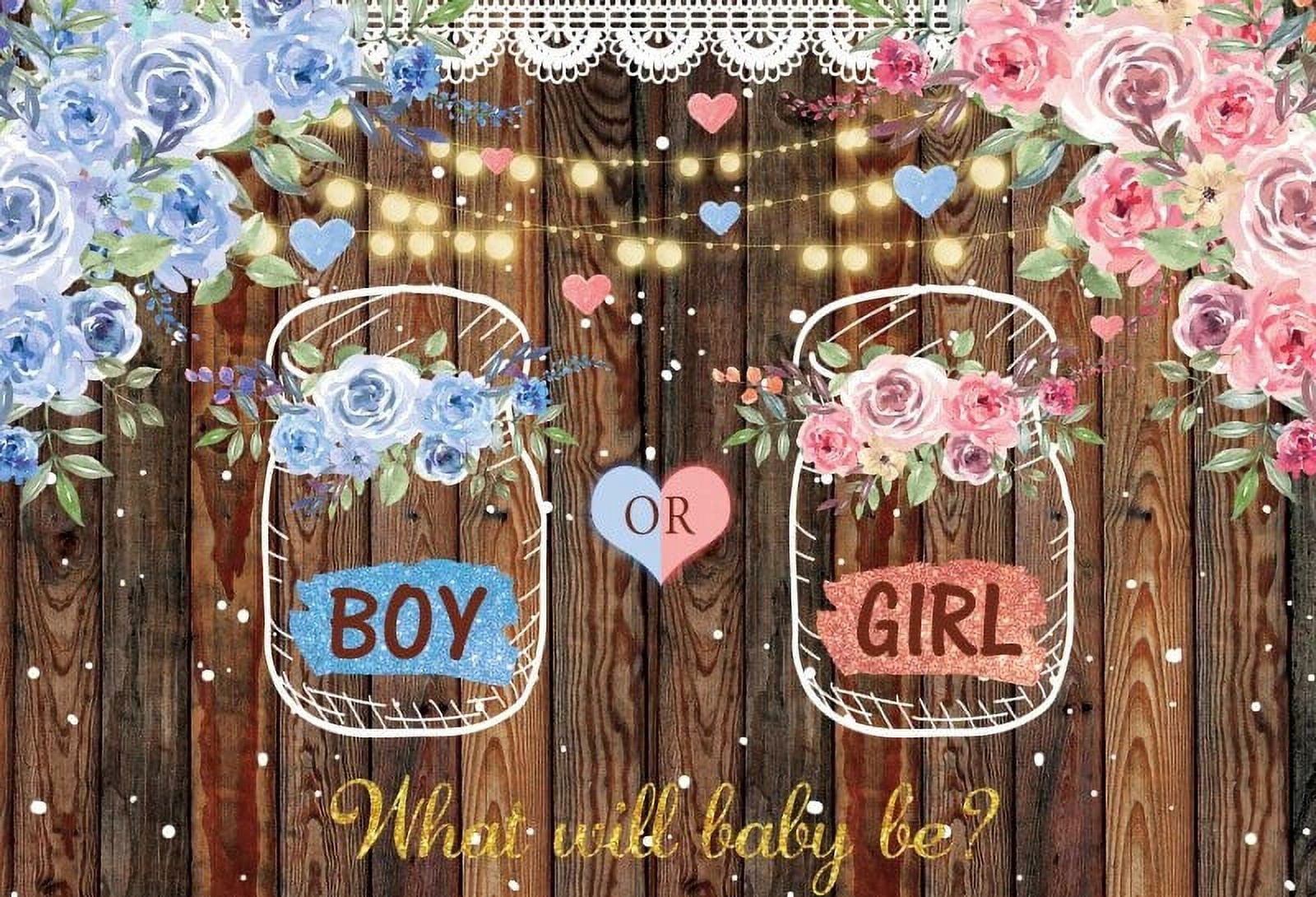 He or She Gender Reveal Backdrop Wood Board Pink Blue Bow Tie Flower