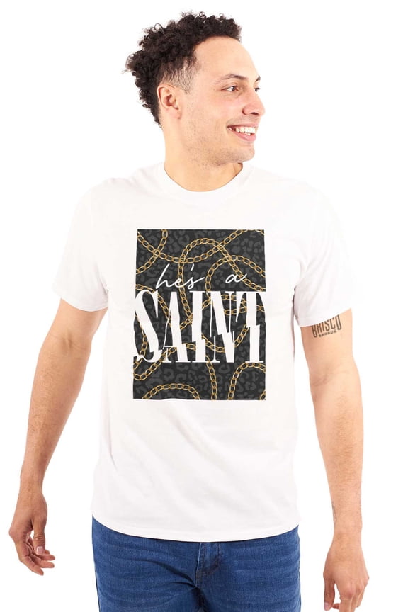 He's A Saint Leopard Print Chains Men's Graphic T Shirt Tees Brisco Brands L