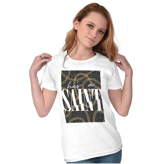 He's A Saint Leopard Print Chains Womens Slim Fit Graphic Tee Brisco Brands S