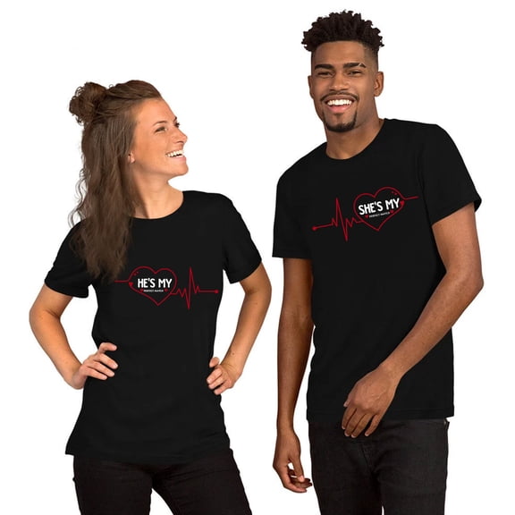 He’s My Perfect Match, She’s My Perfect Match Matching Couple T-shirt - Heartbeat Love Graphic Tee - His & Hers Valentine Gift Shirt