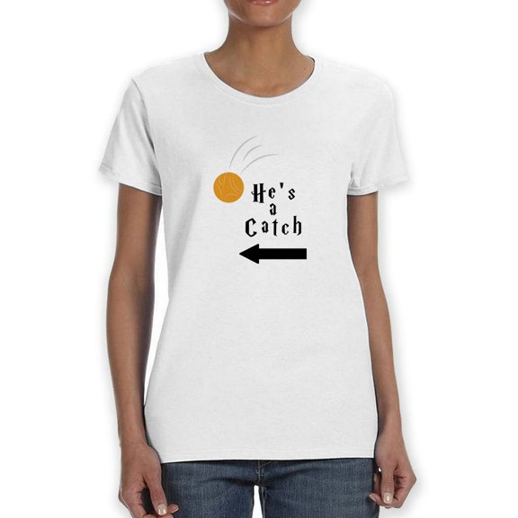 He's a Catch Crazy Magic Ball Right Side Arrow Graphic Women White T-Shirt, Female Small