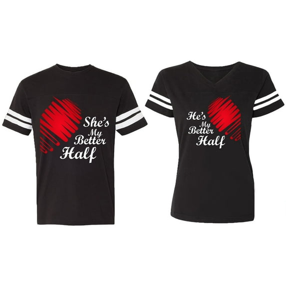 He she is My Better Half Matching Couple Cotton Jerseys (Men Black / Women Black) (Men M / Women XL)