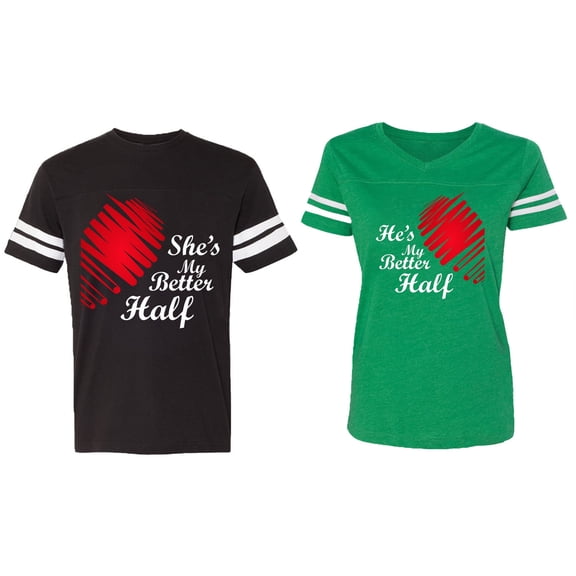 He she is My Better Half Matching Couple Cotton Jerseys (Men Black / Women Green) (Men S / Women L)