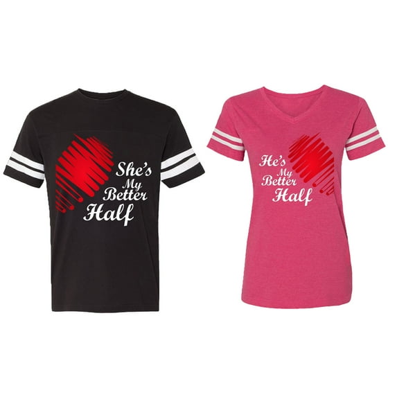 He she is My Better Half Matching Couple Cotton Jerseys (Men Black / Women Pink) (Men S / Women L)
